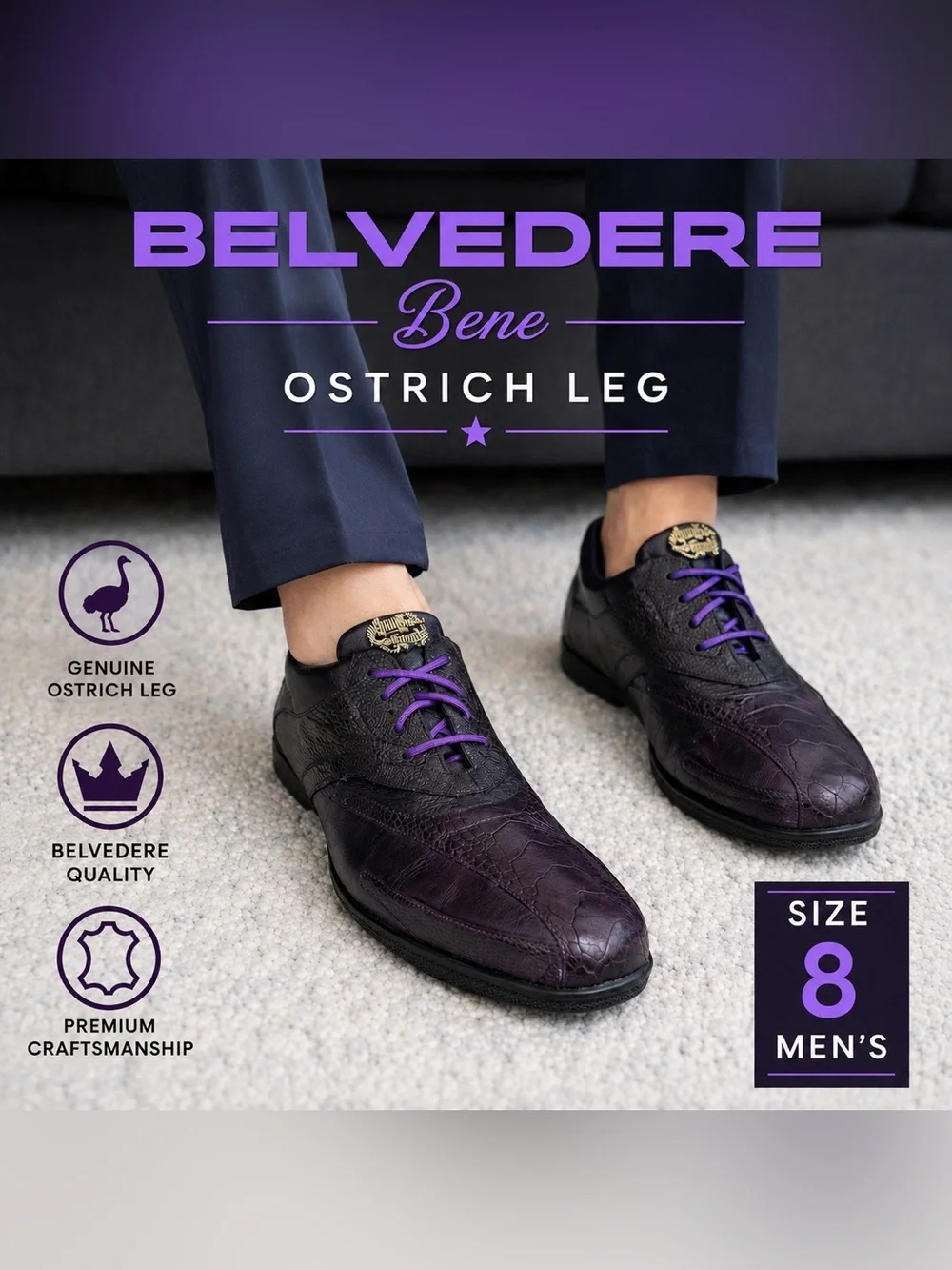 Belvedere Bene Ostrich Leg Leather Sneakers Eggplant Purple Men’s 8